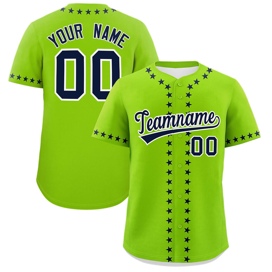 Custom Neon Green Navy Star Ribbing Baseball Jersey | BuyFootballJersey