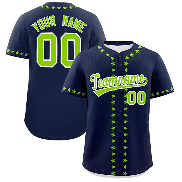 Custom Navy Neon Green Star Ribbing Baseball Jersey | BuyFootballJersey