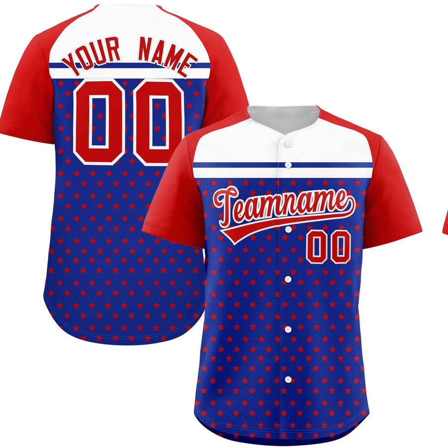 Custom Royal Red-White Raglan Sleeve Personalized Star Print Baseball Jersey | BuyFootballJersey