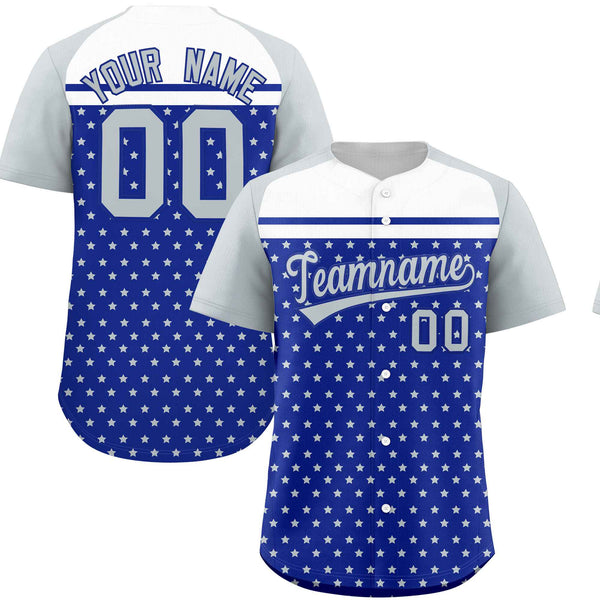 Custom Royal Silver-White Raglan Sleeve Personalized Star Print Baseball Jersey | BuyFootballJersey