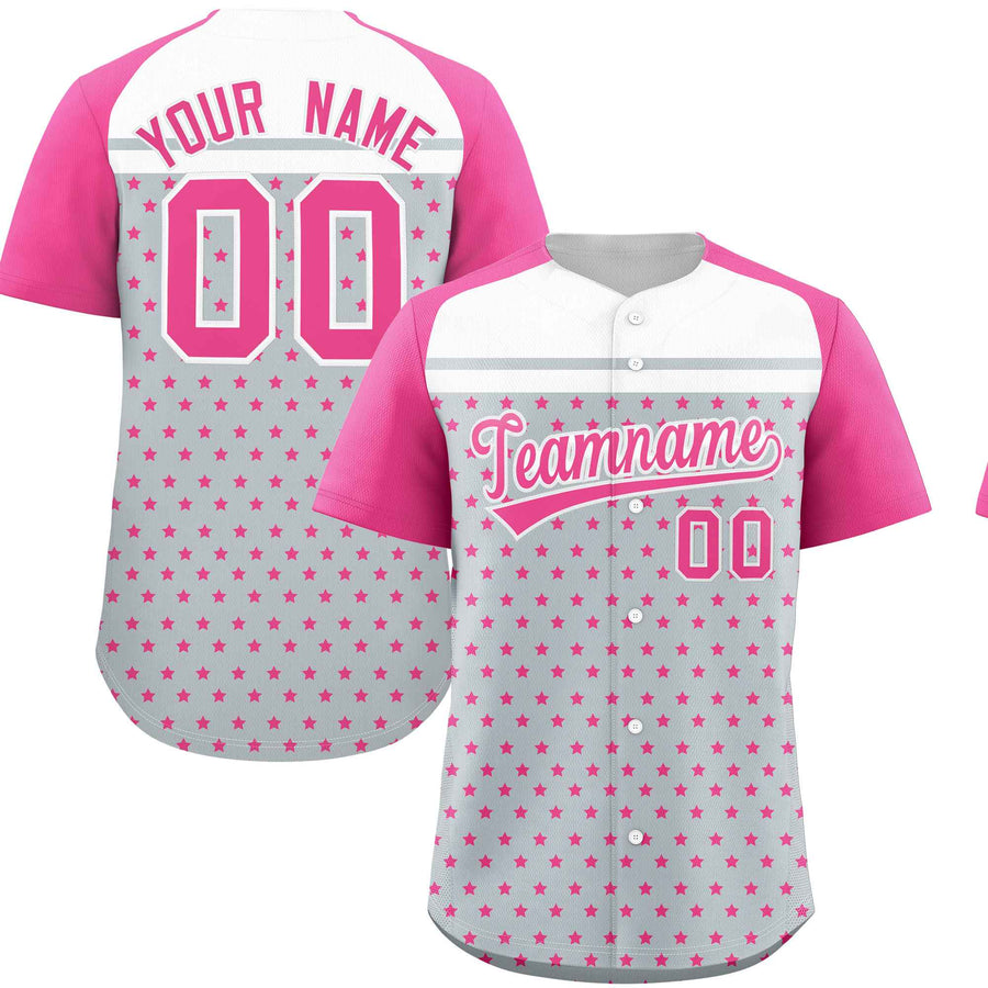 Custom Silver Pink-White Raglan Sleeve Personalized Star Print Baseball Jersey | BuyFootballJersey
