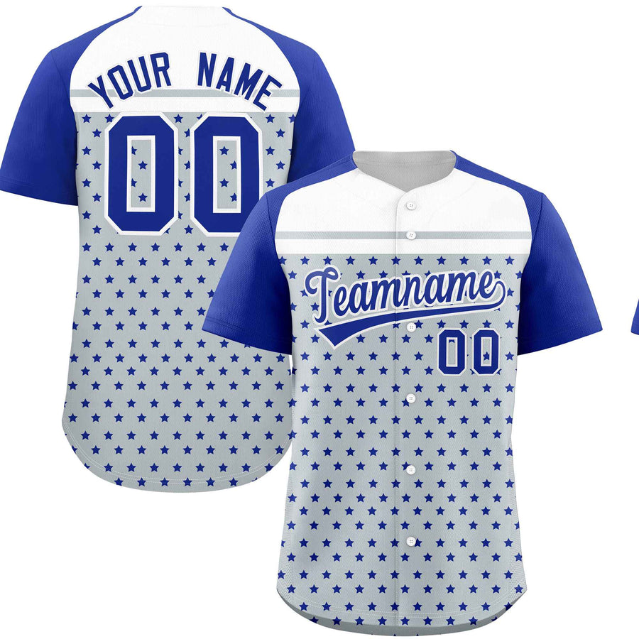 Custom Silver Royal-White Raglan Sleeve Personalized Star Print Baseball Jersey | BuyFootballJersey