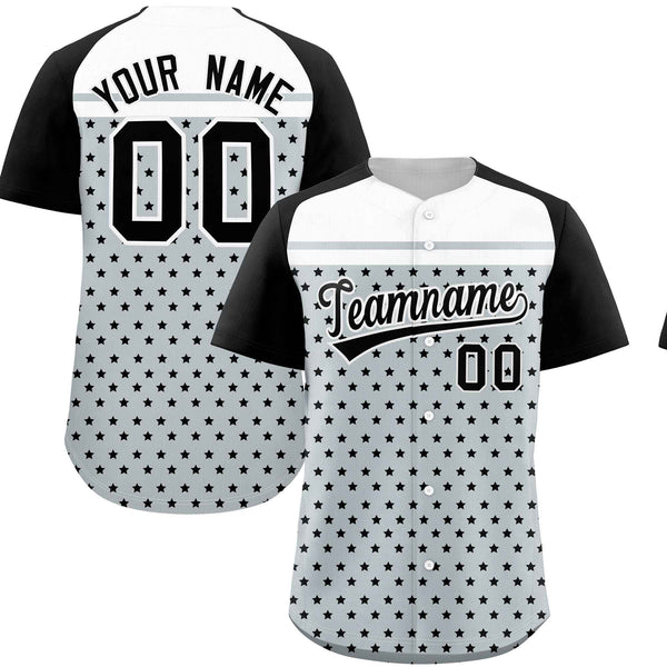 Custom Silver Black-White Raglan Sleeve Personalized Star Print Baseball Jersey | BuyFootballJersey