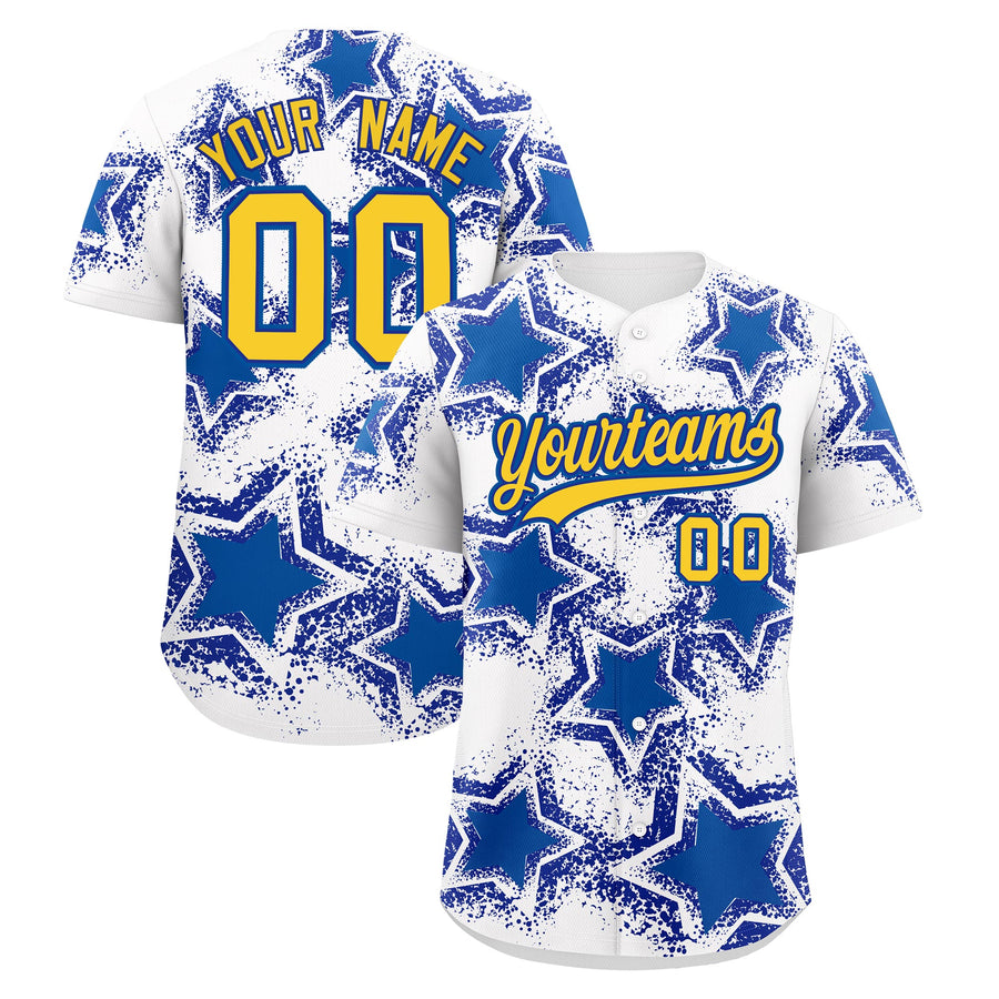 Custom White Royal Blue Baseball Jersey - Star Graffiti Team Baseball Uniforms for Practice & Game Day Stretch Fabric | BuyFootballJersey