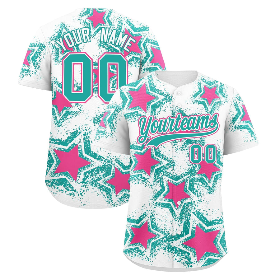 Custom White Aqua Baseball Jersey - Star Graffiti Team Baseball Uniforms for Practice & Game Day Stretch Fabric | BuyFootballJersey