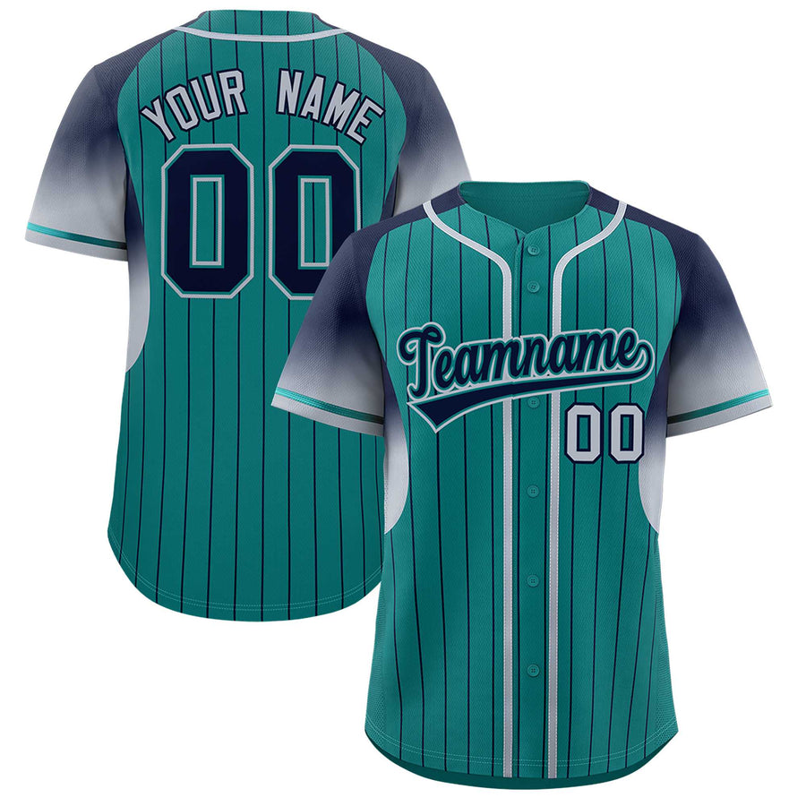 Custom Aqua Navy Stripe Fashion Sleeves Gradient Baseball Jersey | BuyFootballJersey