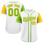 Custom White Neon Green and Gold Raglan Sleeves Baseball Jersey | BuyFootballJersey