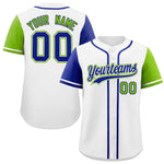 Custom White Royal and Neon Green Raglan Sleeves Baseball Jersey | BuyFootballJersey