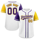 Custom White Purple and Gold Raglan Sleeves Baseball Jersey | BuyFootballJersey
