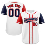 Custom White Red and Navy Raglan Sleeves Baseball Jersey | BuyFootballJersey
