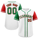 Custom White Kelly Green and Red Raglan Sleeves Baseball Jersey | BuyFootballJersey
