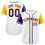 Custom White Purple and Gold Raglan Sleeves Baseball Jersey | BuyFootballJersey