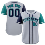 Custom Silver Navy and Aqua Raglan Sleeves Baseball Jersey | BuyFootballJersey