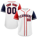Custom White Red and Navy Raglan Sleeves Baseball Jersey | BuyFootballJersey