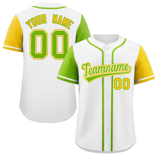 Custom White Neon Green and Gold Raglan Sleeves Baseball Jersey | BuyFootballJersey