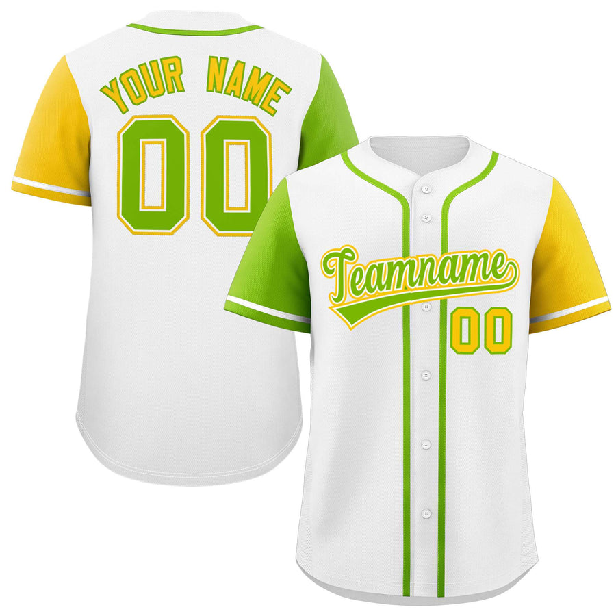 Custom White Neon Green and Gold Raglan Sleeves Baseball Jersey | BuyFootballJersey
