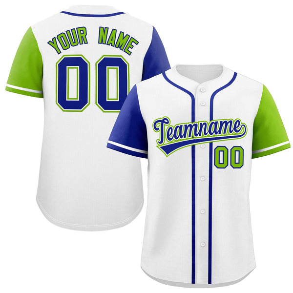 Custom White Royal and Neon Green Raglan Sleeves Baseball Jersey | BuyFootballJersey