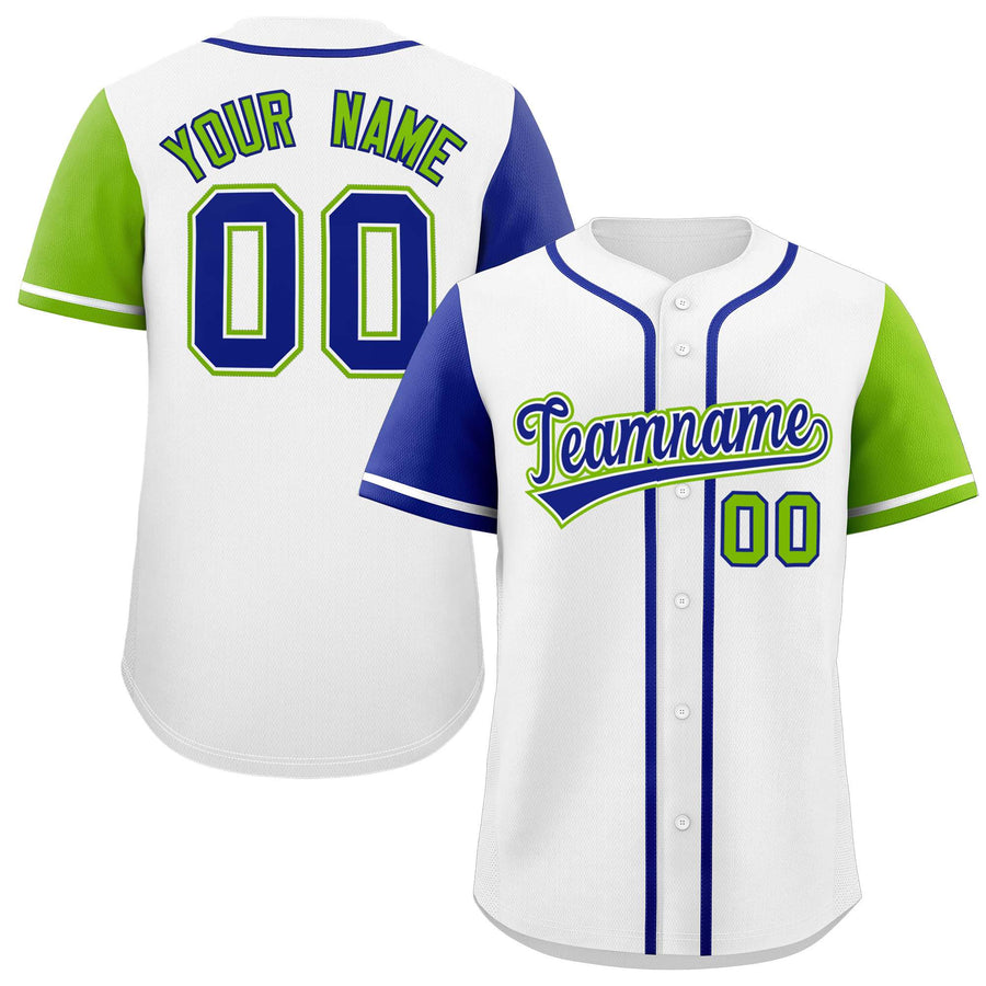 Custom White Royal and Neon Green Raglan Sleeves Baseball Jersey | BuyFootballJersey
