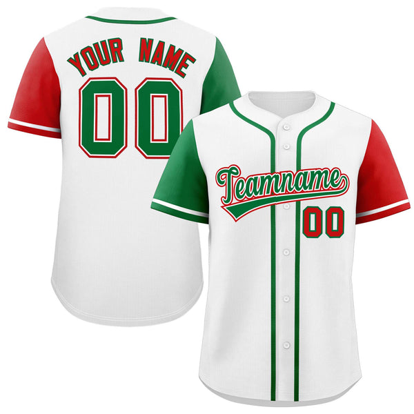 Custom White Kelly Green and Red Raglan Sleeves Baseball Jersey | BuyFootballJersey