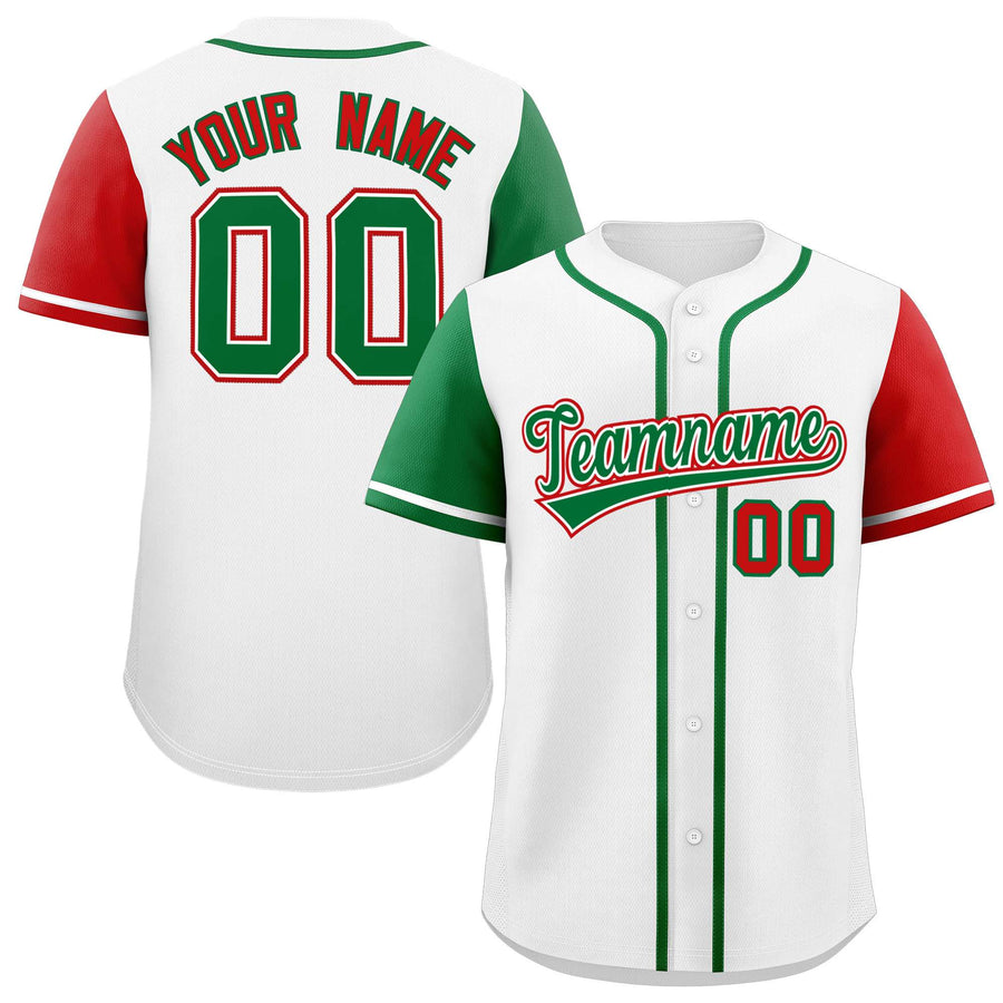 Custom White Kelly Green and Red Raglan Sleeves Baseball Jersey | BuyFootballJersey