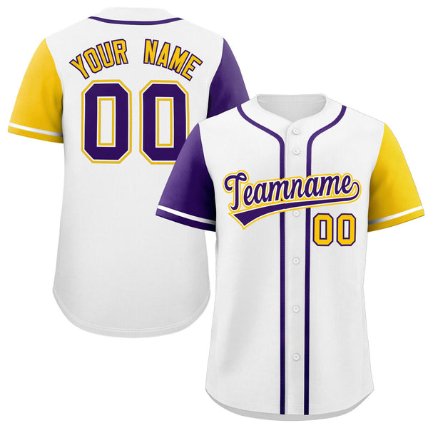 Custom White Purple and Gold Raglan Sleeves Baseball Jersey | BuyFootballJersey