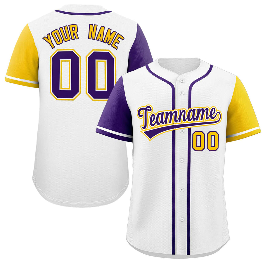 Custom White Purple and Gold Raglan Sleeves Baseball Jersey | BuyFootballJersey