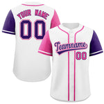 Custom White Pink and Purple Raglan Sleeves Baseball Jersey | BuyFootballJersey
