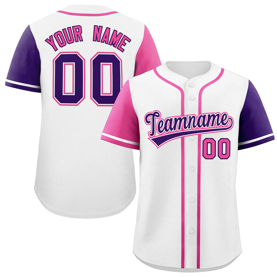 Custom White Pink and Purple Raglan Sleeves Baseball Jersey | BuyFootballJersey