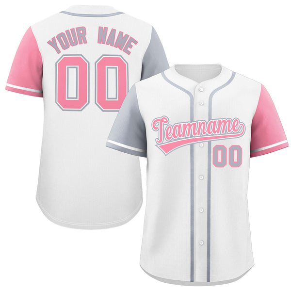 Custom White Silver and Light Pink Raglan Sleeves Baseball Jersey | BuyFootballJersey