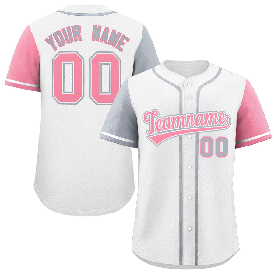 Custom White Silver and Light Pink Raglan Sleeves Baseball Jersey | BuyFootballJersey