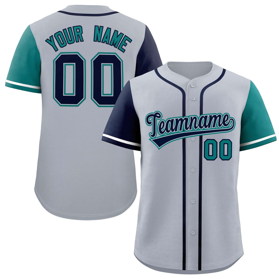 Custom Silver Navy and Aqua Raglan Sleeves Baseball Jersey | BuyFootballJersey