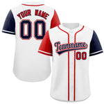 Custom White Red and Navy Raglan Sleeves Baseball Jersey | BuyFootballJersey