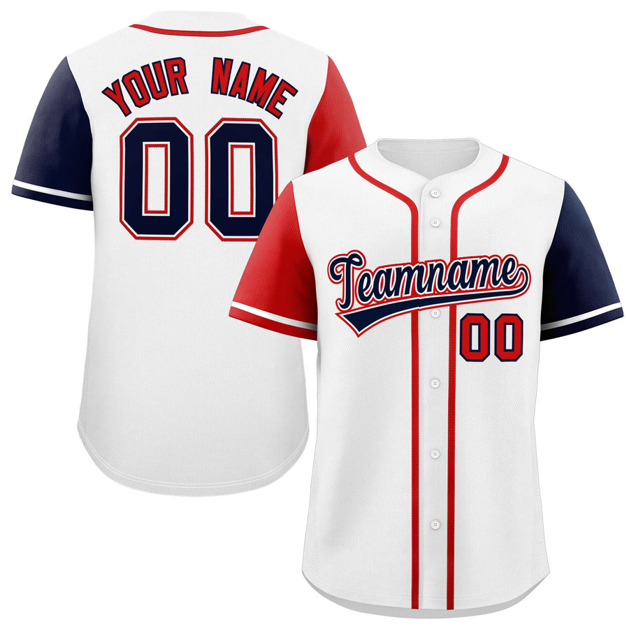 Custom White Red and Navy Raglan Sleeves Baseball Jersey | BuyFootballJersey