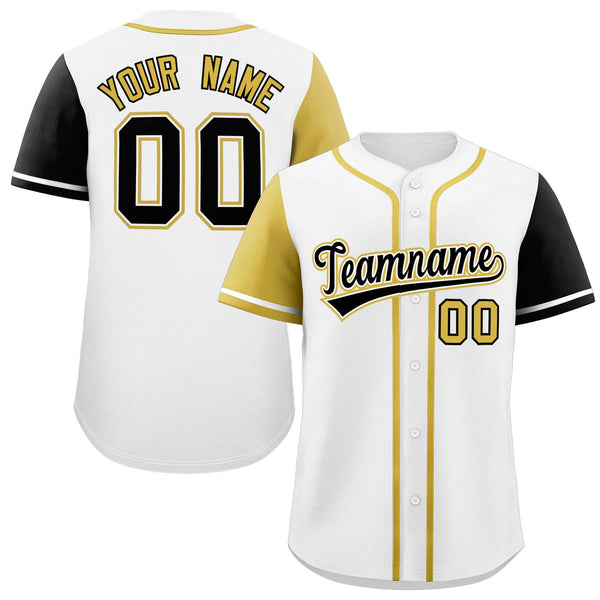 Custom White Old Gold and Black Raglan Sleeves Baseball Jersey | BuyFootballJersey