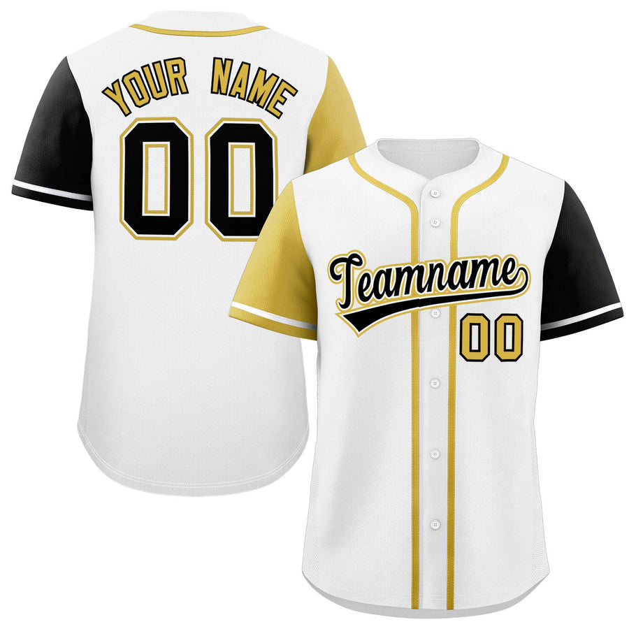 Custom White Old Gold and Black Raglan Sleeves Baseball Jersey | BuyFootballJersey