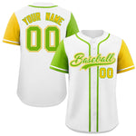 Custom White Neon Green and Gold Raglan Sleeves Baseball Jersey | BuyFootballJersey