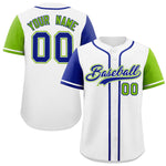 Custom White Royal and Neon Green Raglan Sleeves Baseball Jersey | BuyFootballJersey