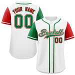 Custom White Kelly Green and Red Raglan Sleeves Baseball Jersey | BuyFootballJersey