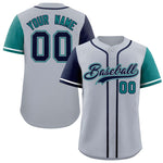 Custom Silver Navy and Aqua Raglan Sleeves Baseball Jersey | BuyFootballJersey