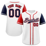 Custom White Red and Navy Raglan Sleeves Baseball Jersey | BuyFootballJersey