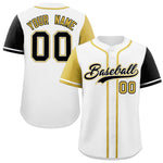 Custom White Old Gold and Black Raglan Sleeves Baseball Jersey | BuyFootballJersey