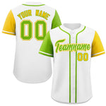 Custom White Neon Green and Gold Raglan Sleeves Baseball Jersey | BuyFootballJersey