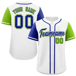 Custom White Royal and Neon Green Raglan Sleeves Baseball Jersey | BuyFootballJersey