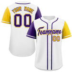 Custom White Purple and Gold Raglan Sleeves Baseball Jersey | BuyFootballJersey