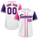 Custom White Pink and Purple Raglan Sleeves Baseball Jersey | BuyFootballJersey