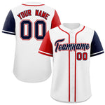 Custom White Red and Navy Raglan Sleeves Baseball Jersey | BuyFootballJersey