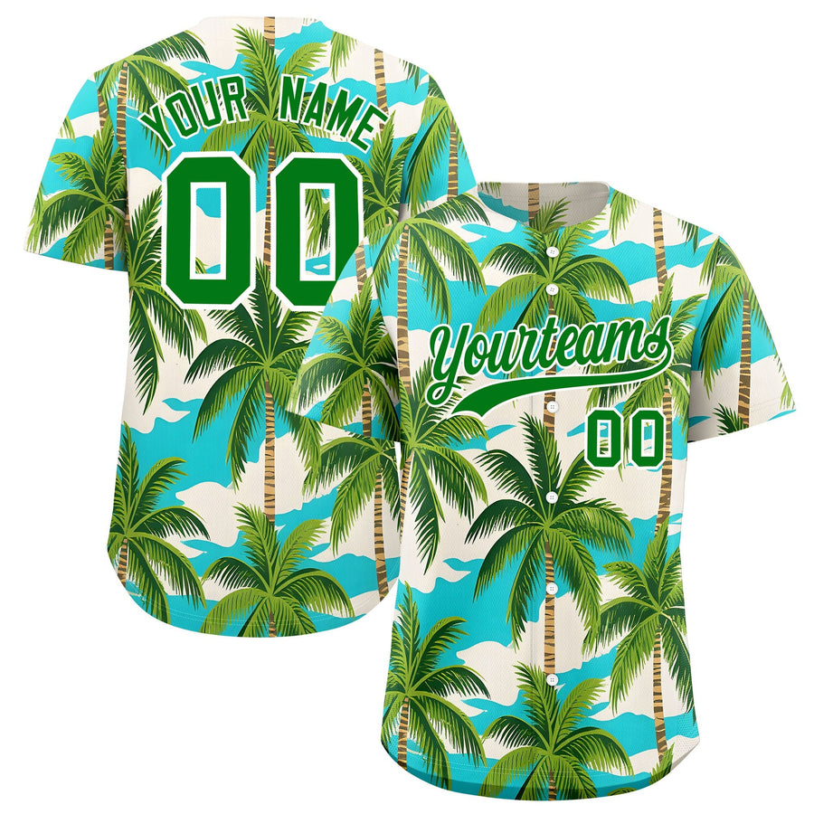 Custom Kelly Green White Palm Tree Pattern Graffiti Hawaiian Style Baseball Jersey | BuyFootballJersey