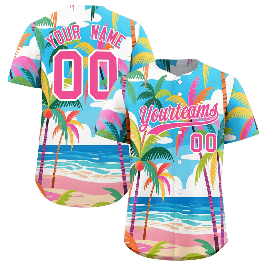 Custom Pink White Seaside Palm Tree Pattern Graffiti Hawaiian Style Baseball Jersey | BuyFootballJersey