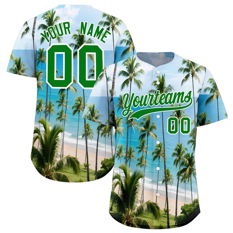 Custom Kelly Green White Seaside Palm Tree Pattern Graffiti Hawaiian Style Baseball Jersey | BuyFootballJersey