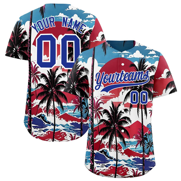 Custom White Royal Blue Palm Tree Pattern Graffiti Hawaiian Style Baseball Jersey | BuyFootballJersey